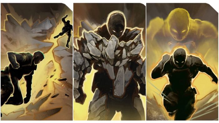 Three skills for Devastator are lined up. The first picture displays a man punching the ground and someone else being thrown off of their feet into the distance. The second picture is a man with heavy armor and the third picture is a man rushing towards the viewer.