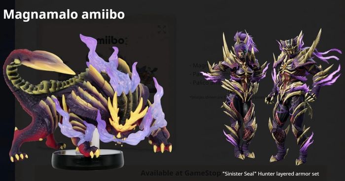 an image showing the Magnamalo amiibo in Monster Hunter Rise, alongside the armour that it unlocks in game