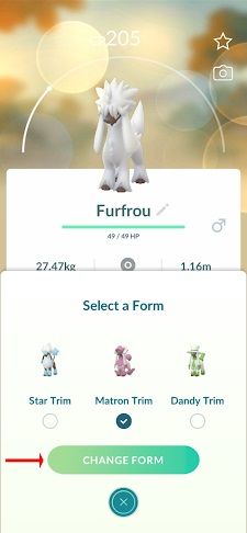 A screen showing the options to evolve Furfrou in Pokémon GO.