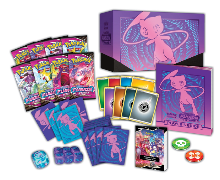 A set of Pokémon TCG booster packs, alongside bod sleeves with Mew on them.