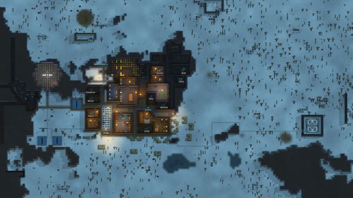 A snowy base in Rimworld.