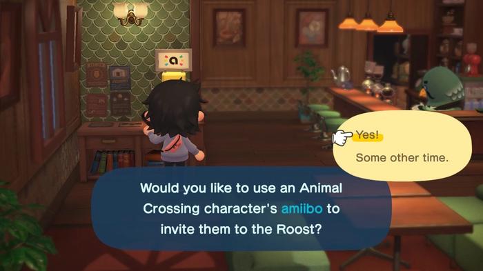 A player using the phone in The Roost to call a character using Amiibo, in Animal Crossing: New Horizons.