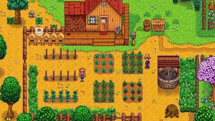 A top down view of a farm with vegetables and characters in Stardew Valley.