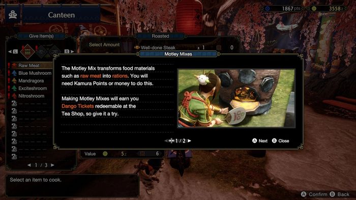 The Motley Mix menu in Monster Hunter Rise, detailing how the system works