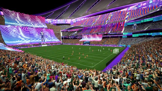A purple stadium looking on to the pitch in FIFA 23.