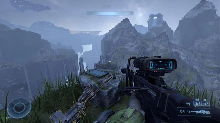 The sniper at the top of the mountain overlooking the Thunderstorm skull in Halo Infinite.