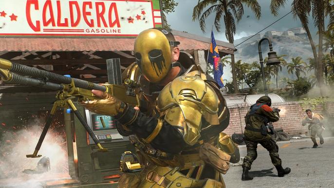 Image showing Warzone operator holding gun in front of Caldera sign