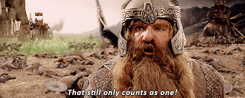 Gimli tells Legolas "That still only counts as one!" after Legolas takes down an Oliphant.