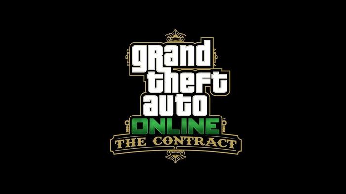 GTA Online The Contract DLC Title Screen. The screen shows Grand Theft Auto Online written on white in the center. "Online" is written in green below that and "the contract" is written in gold below that. It's all on a black background.