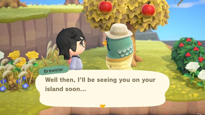A player speaking with Brewster, who advises he'll see them at their island soon in Animal Crossing: New Horizons.