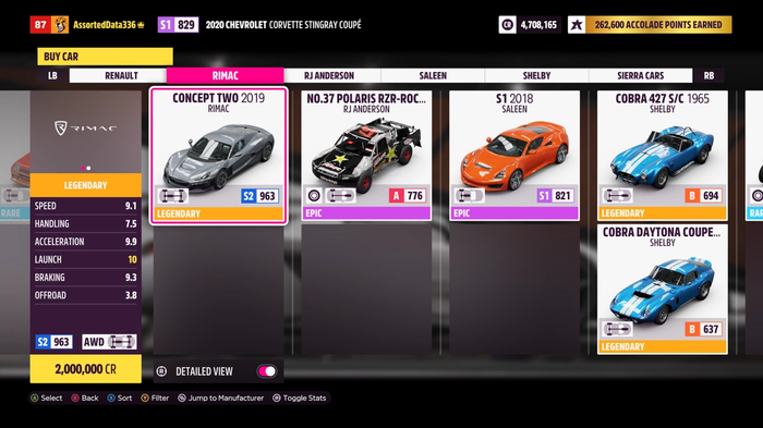 The Rimac Concept Two vehicle displayed in the 'Change Car' Menu of Forza Horizon 5