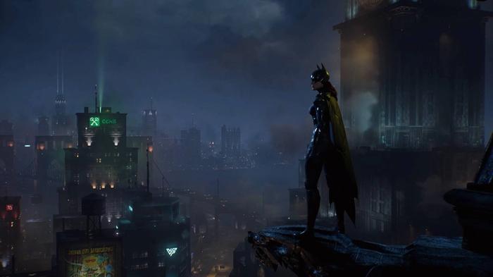 Batgirl looking upon the Gotham City skyline in Gotham Knights