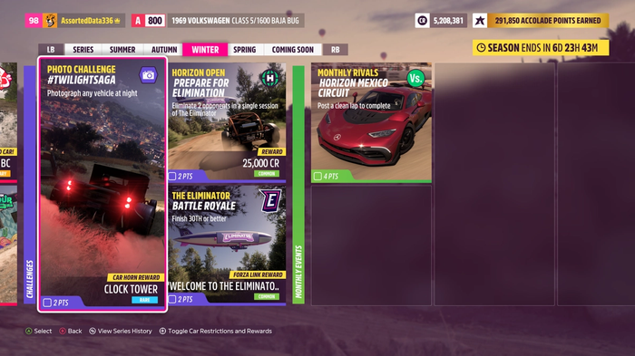 The Twilightsaga challenge shown in the Festival Playlist menu of Forza Horizon 5. It tasks players with snapping a photo of any vehicle at night.