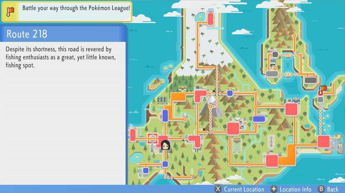 The Pokémon Brilliant Diamond and Shining Pearl map, showing where Route 218 is and the Old Rod can be acquired.