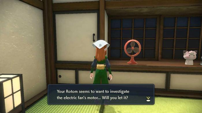 A player interacts with a mechanical item in their room to change Rotom in Pokémon Legends: Arceus.