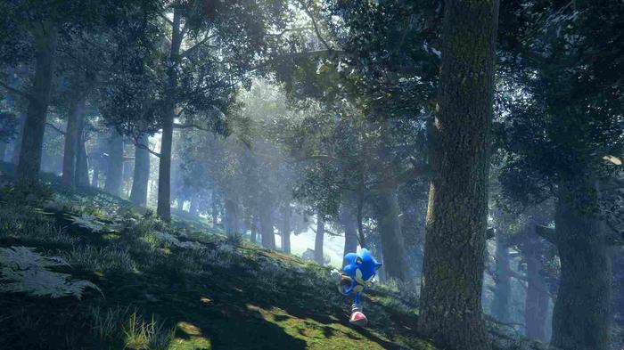 Sonic running through a forest in Sonic Frontiers.