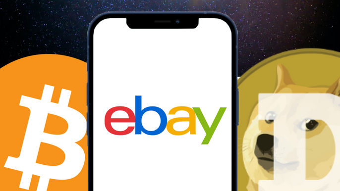 eBay logo on a phone next to Dogecoin and Bitcoin logos