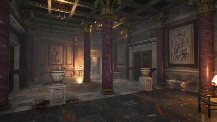 The Forgotten City. A large room inside the palace. The room has several red marble columns, two vase stands with carved vases on them at the center. The roof has golden beams across it. A door is at the back right and there is a carving hanging on the wall to the right, next to the door. 