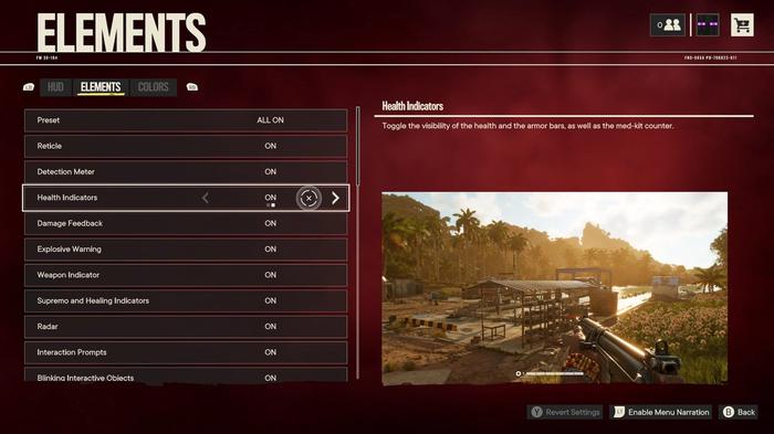 Far Cry 6 Elements under HUD in-game settings, turning health indicators off is the fourth option available.