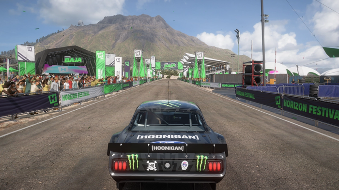 Racing with the Ford hoonicorn Mustang during a Drag Race in Forza Horizon 5