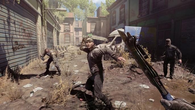 Dying Light 2. Aiden fighting with hostile human survivors in alleyway during the day.