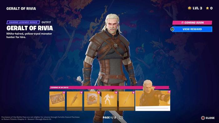 The Geralt skin progression ladder in Fortnite.