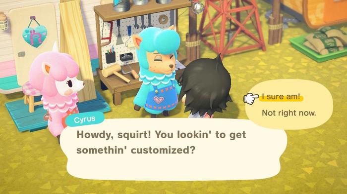 Reese and Cyrus offering customisation services on Harv's Island in Animal Crossing: New Horizons.