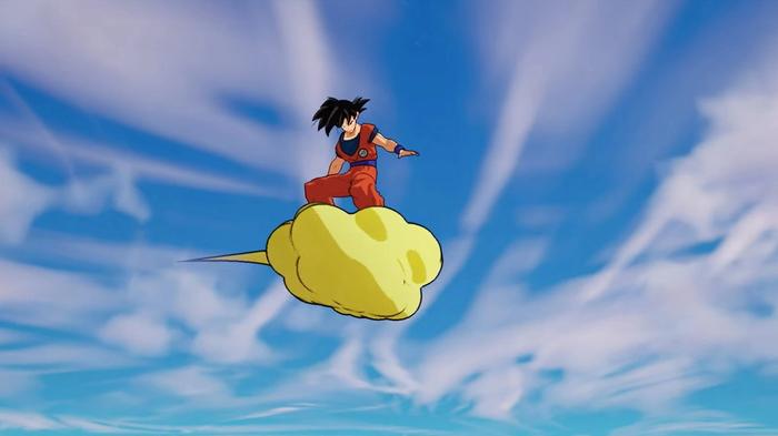 Image of Goku riding a Nimbus Cloud in Fortnite.
