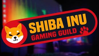 Shiba Inu Gaming Guild logo in front of blurred gaming PC.