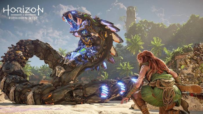 Horizon Forbidden West. Aloy is crouched in the bottom right corner of the screen. A large snake-like machine, a Slitherfang, towers over her in the middle of the image.