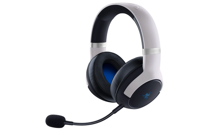 best ps5 headset with haptic feedback razer, product image of a black and white headset with a blue Razer logo