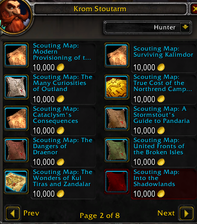 Screenshot of all the scouting maps currently available on World of Warcraft patch 9.1.5 PTR Heirloom Vendors