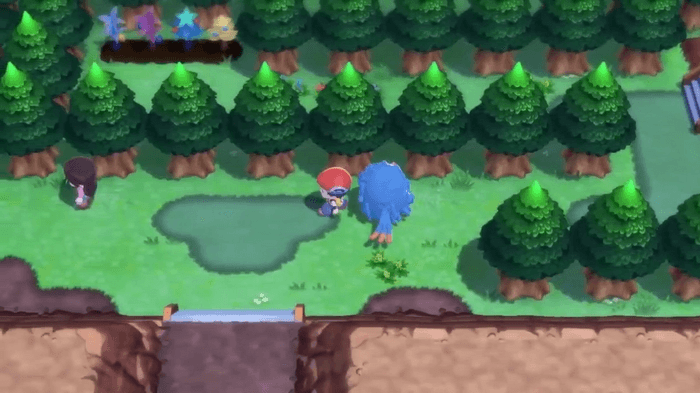 Image from Pokémon Brilliant Diamond and Shining Pearl showing a Pokémon following the player through a wooded area.