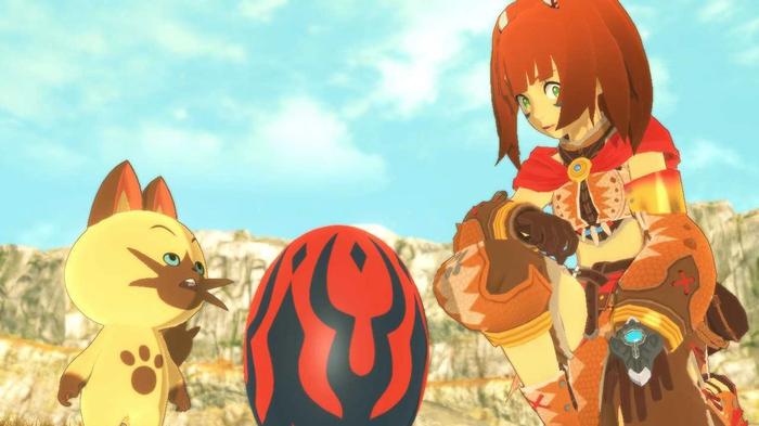 A rider looks at a Monster Egg in Monster Hunter Stories 2. The sidekick Navirou crouches nearby