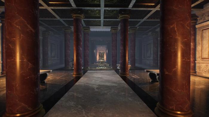 The Forgotten City. The long room with a peeled statue strapped to wood in the middle. The statue is on the far side of the room. Red marble columns line the white marble path to the statue.