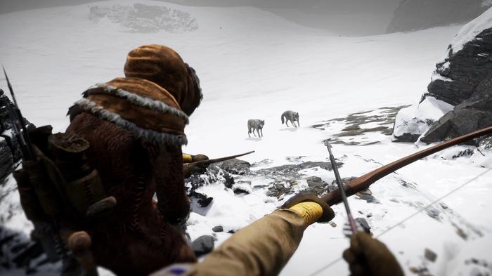 A player aiming a bow at two wolves. another player stands to their left