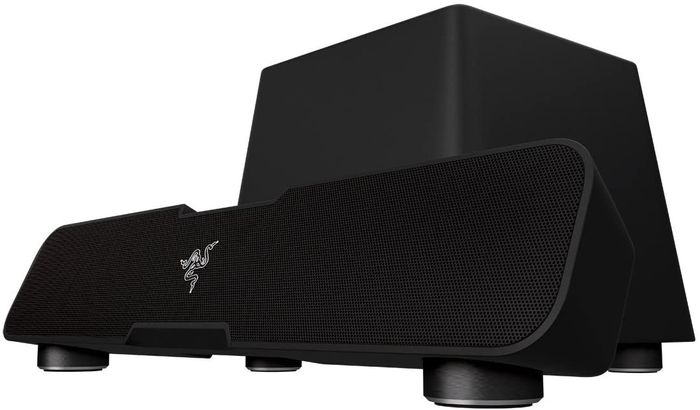 Best soundbar for gaming Razer, product image of black soundbar and subwoofer