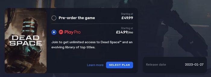 The screen where you can sign up for EA Play Pro for £14.99 a month, 'join to get unlimited access to Dead Space and an evolving library of top titles.'