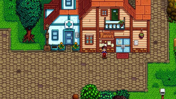 Stardew Valley, Pierre's shop. The image shows the exterior of a shop that has "Pierre's" written above a notice board. There is a blue medical building attached to the left side of Pierre's. The player is stood in front of the notice board.