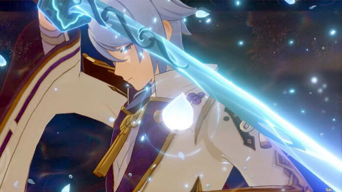 Screenshot of Ayato, a Genshin Impact character with blue hair, wielding a blue sword.