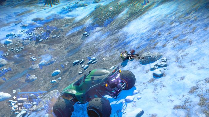 An Exocraft is parked next to a Cargo Drop on a wintry planet in No Man's Sky