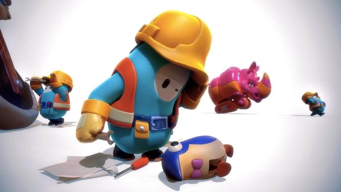 Image of a Fall Guys character wearing a building uniform, tending to a broken toy.