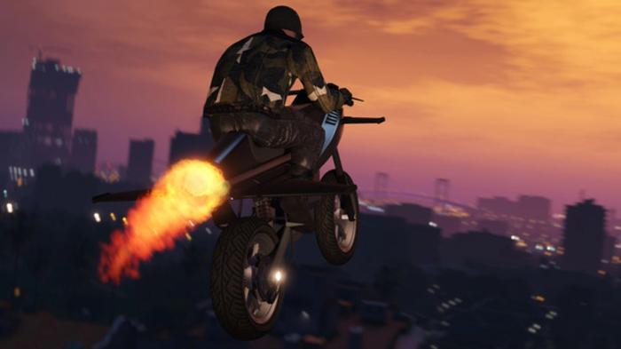 GTA Online - A Motorcycle Rider has been photographed mid-jump with the city of Los Santos in the background