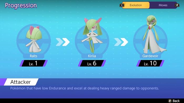The progression screen showing at what level Pokémon Unite Gardevoir evolves.