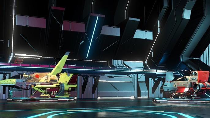 A player in first-person view looking at two ships at a Space Station in No Man's Sky.