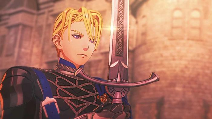 Dimitri in Fire Emblem Warriors: Three Hopes poses with his sword in front of his face.