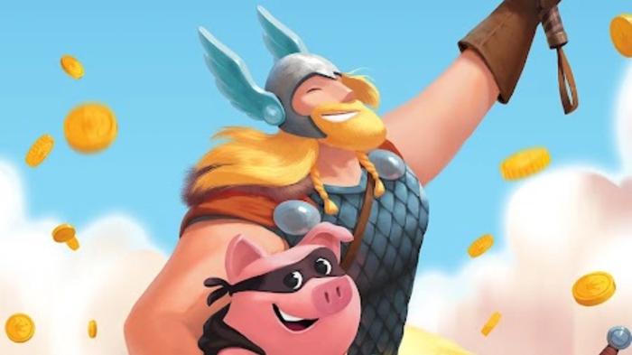 Screenshot from Coin Master, with a hammer-wielding hero carrying a pig while surrounded by coins