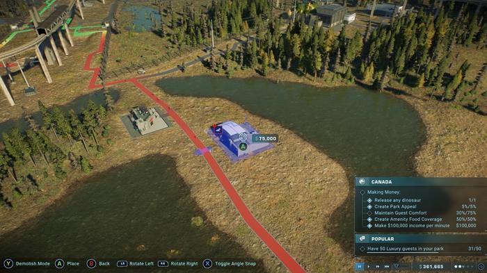 Jurassic World Evolution 2. An emergency shelter is being placed near a red pathway, showing that the guests need one there. The price is being shown at $75,000. 
