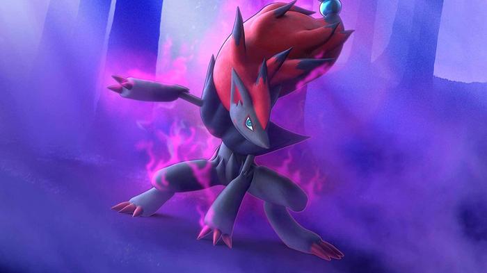 The Pokemon Zoroark posing against a purple background