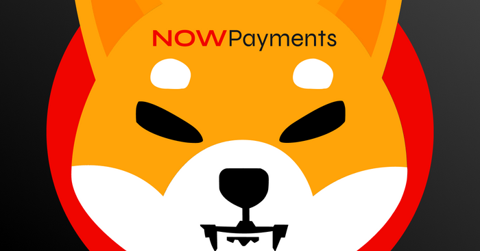Shiba Inu Coin Logo on a grey background, with NOWPayments logo on its head.
